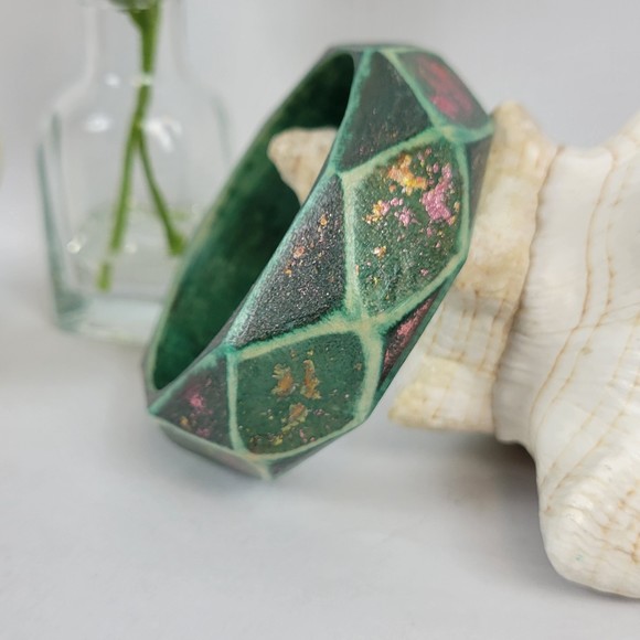 NEW Wooden 3" Bangle Bracelet Green Stained with Metal Flakes Handmade Jewelry - Picture 1 of 4